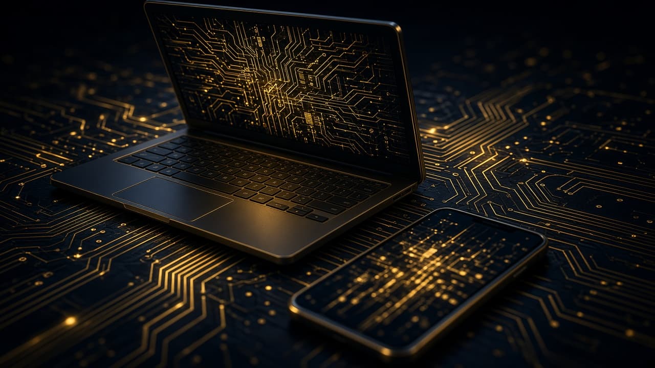 Devre izli dizüstü ve telefon. Web ve mobil aynı dilde.